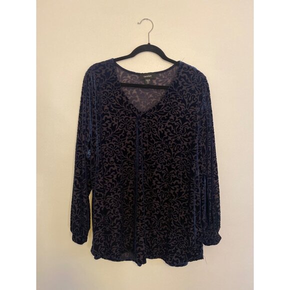 Karen Kane Tops - Karen Kane 2X Navy & Black Floral Burnout Velvet Long Sleeve Blouse